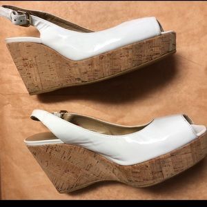 Stuart Weitzman patent white leather Jean Wedge